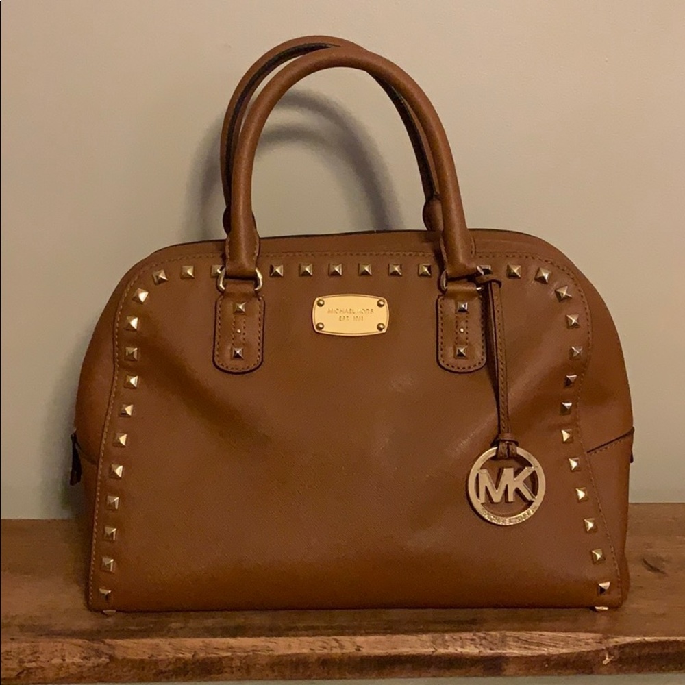 Michael Kors camel color gold studded handbag